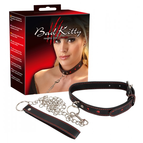 Bad Kitty - szíves nyakörv, fém pórázzal (fekete-piros)