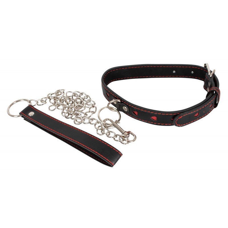 Bad Kitty - szíves nyakörv, fém pórázzal (fekete-piros) 57618 termék bemutató kép