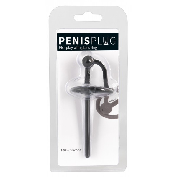 Penisplug - szilikon makkgyűrű üreges dilátorrall (fekete)