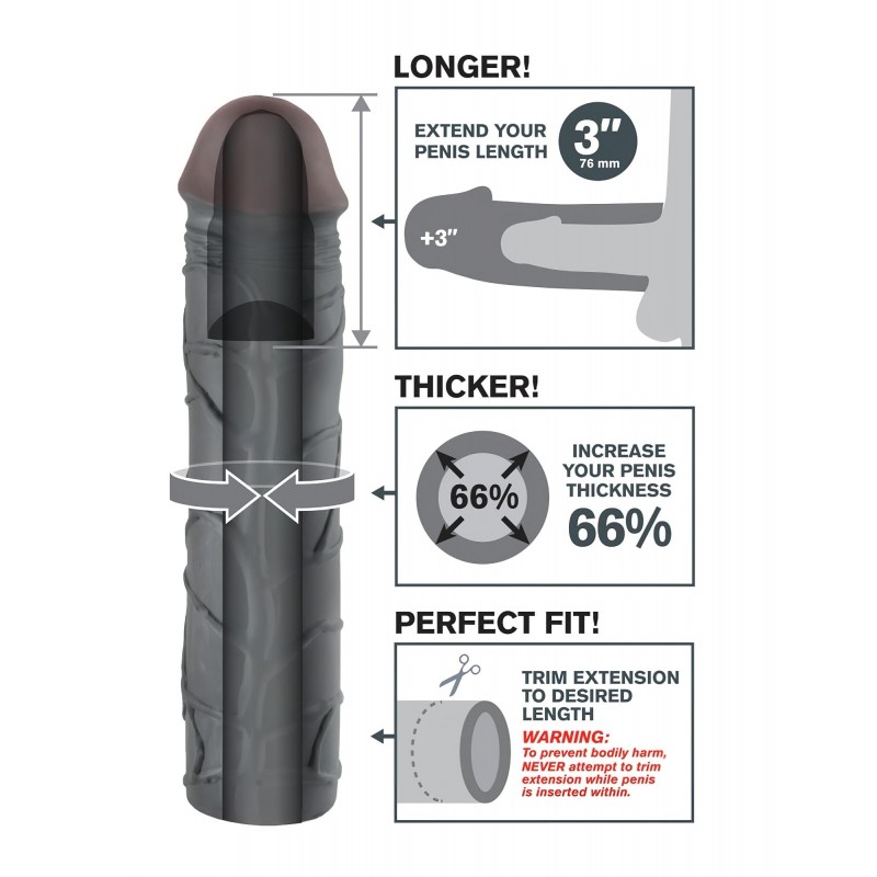 Pipedream - X-TENSION Mega 3 - élethű péniszköpeny (22,8 cm, fekete) 136638 termék bemutató kép