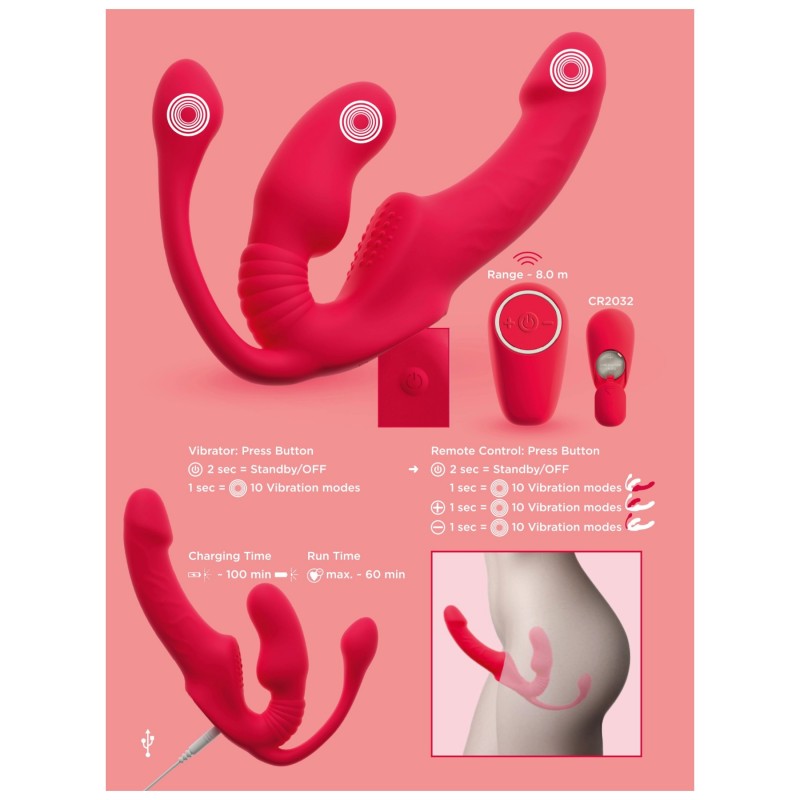 You2Toys Strapless - felcsatolható 3 ágú vibrátor (piros) 128352 termék bemutató kép