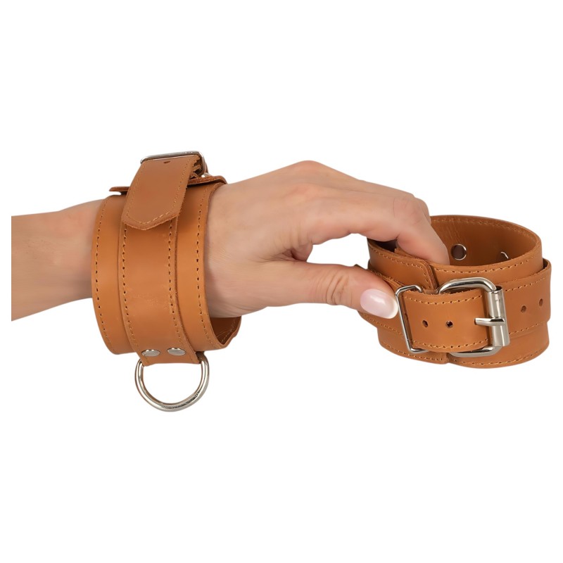 ZADO - bőr csuklóbilincs bondage játékhoz (barna) 154933 termék bemutató kép